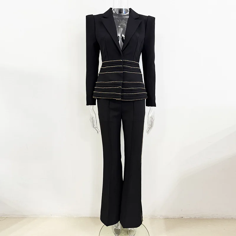 HIGH QUALITY Newest 2026 Designer Suit Set Women's Copper Chain Beaded Slim Suit Trousers Pants Suit 2 piece sets womens outfits