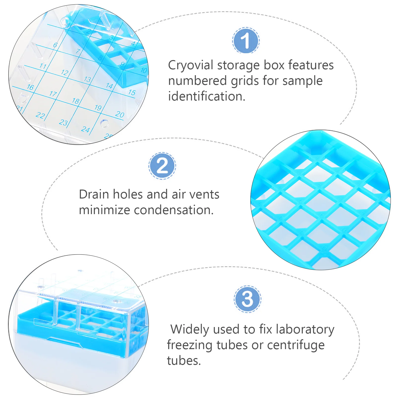 

25 Grid Cryovial Storage Box PC Freezing Tube Rack Drain Holes Air Vents Minimize Condensation Lab Freezer Nitrogen Plastic Test