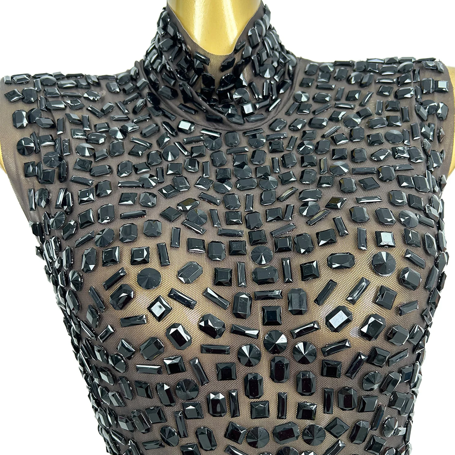 

Full Rhinestone Black Dress Top Mini Skirt 2Pieces Set Sexy Women Dance Stage Birthday Party Celebrate Outfit Club Wear Bingkuai