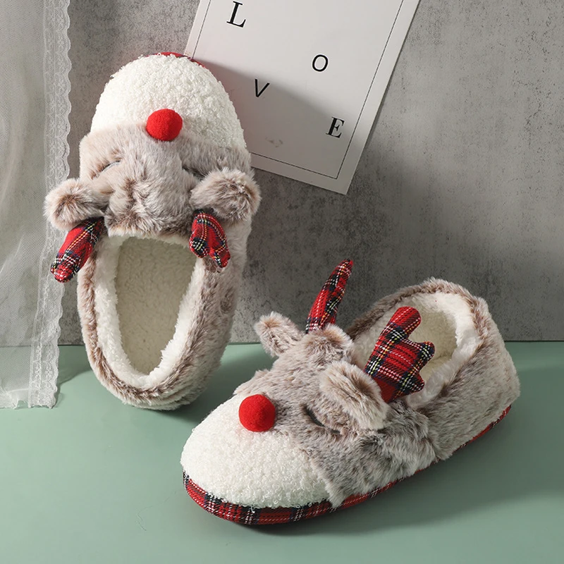 Red Grey Christmas Reindeer Loafers Woman Winter Indoor Plush Short Boots Lady Warm Fluffy Fur Bedroom Mule Shoes For Gift