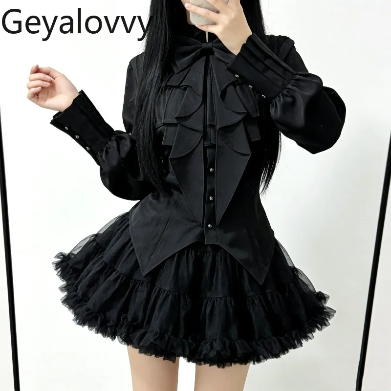 

Весенне-летняя блузка в средневековом стиле с ретро-дизайном, длинными рукавами, в стиле Лолита, готическая, универсальная, с рюшами, высококачественная, во французском стиле