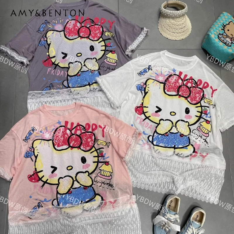 

Trendy Brand Heavy Industry Cartoon Splicing Lace Cotton Short-sleeved Tees T-shirt Loose Top Women's Summer Y2k Kawaii T Shirts
