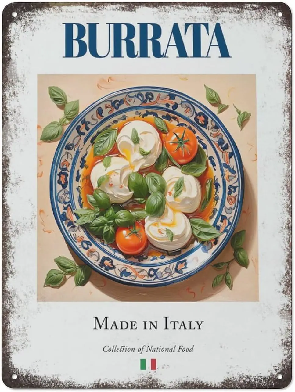 Burrata on Maiolica Tile Plate Traditional Italian Food Wall Art Kitchen Cafe Metal Tin Sign Plaque Poster Vintage Room Gift Alu