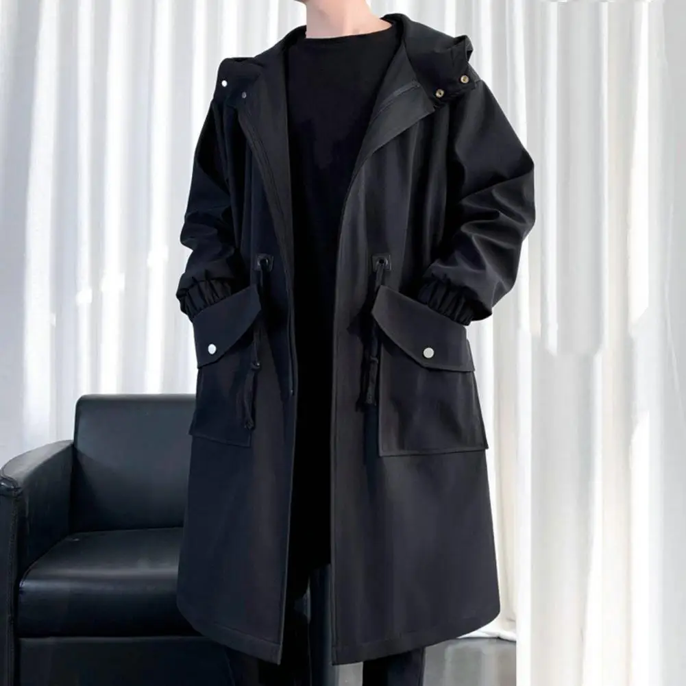 2024 Korean Style Spring Trench Coat Hooded Loose Big Pockets Windbreaker Windproof Men Daily High Street Overcoat Men Clothes