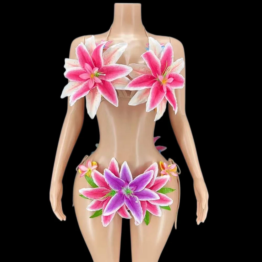 Floral Sexy Bikini Set para Mulheres, Halter Belt, Trajes de Carnaval, Drag Queen Festival Outfits, Party Club Clothing, Nightclub Wear