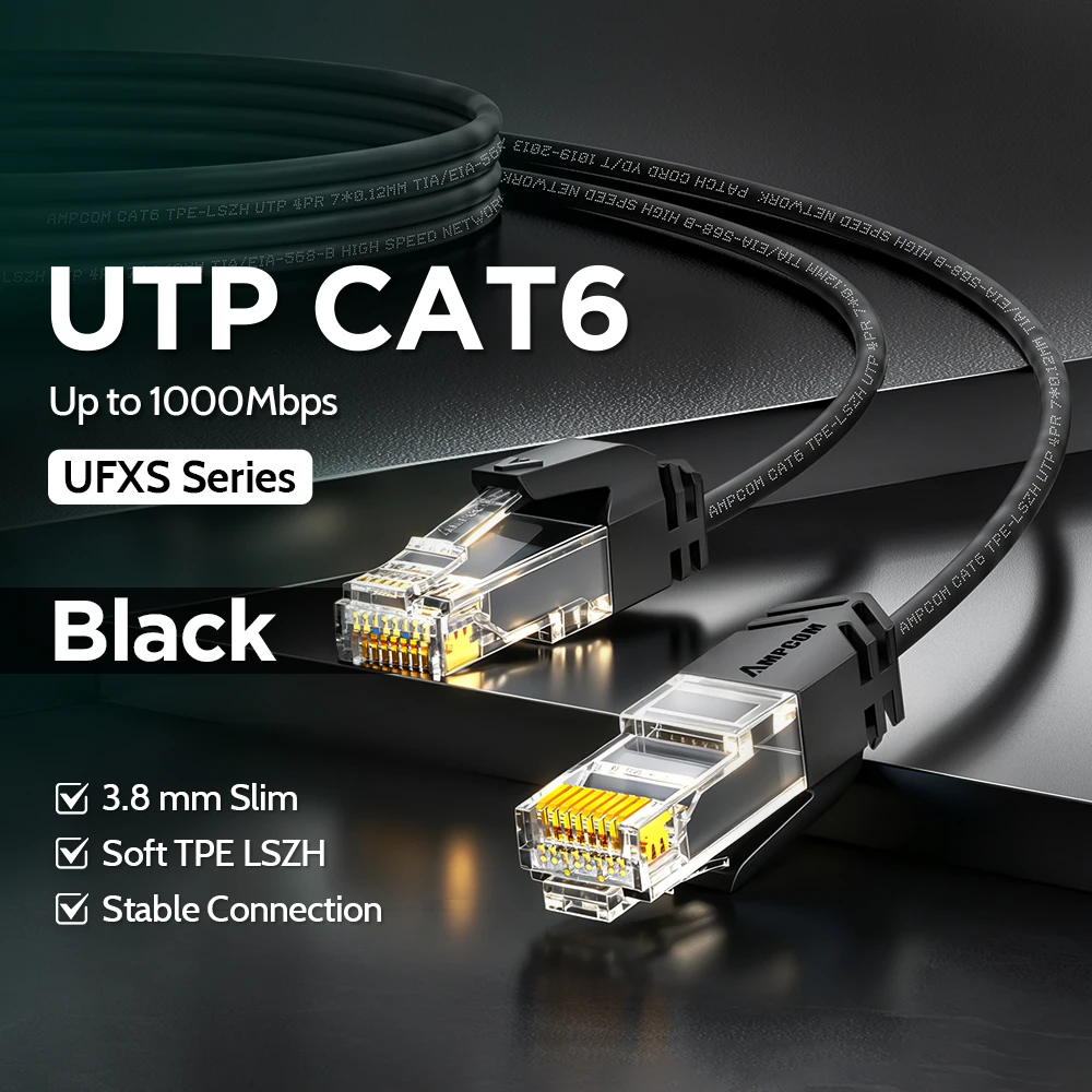 AMPCOM CAT6a CAT6 netwerkkabel UTP Slim Type 28AWG OD 3.8mm OFC zuivere koperen kern LSZH TPE mantel patchkabel voor PC router switch