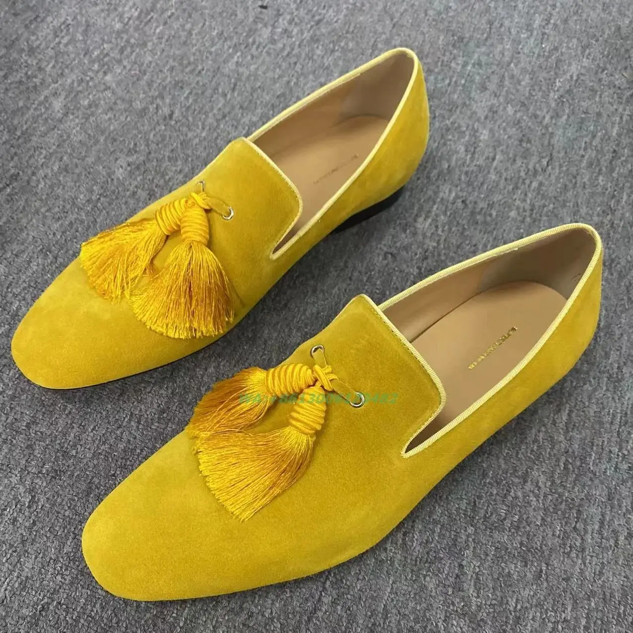 Design Men's Suede Yellow Tassel Part Dress Shoes Hand-Made Large Size Wedding Groom Shoes