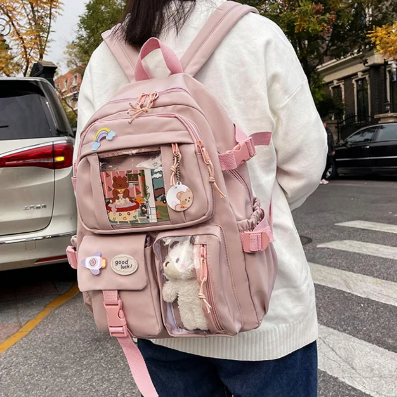 Plaid Transparent PVC Kawaii Contrast Color Girls College Leisure Kawaii Backpack Large Nylon School Backpack For Girls Boys Bag