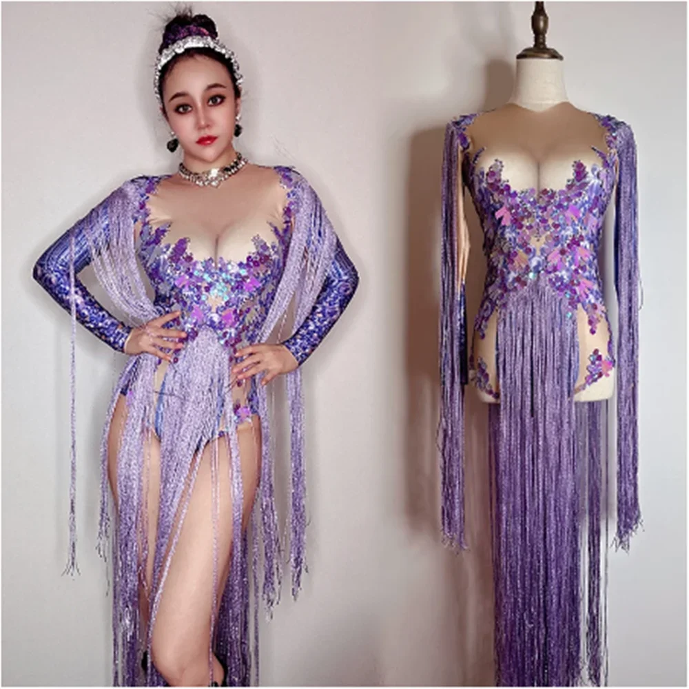 

Singer Dancer Tassel Jumpsuit Drag Queen Clothes Party Carniva Rave Outfit Purple Sequins Stretch Bodysuit Stage Costume