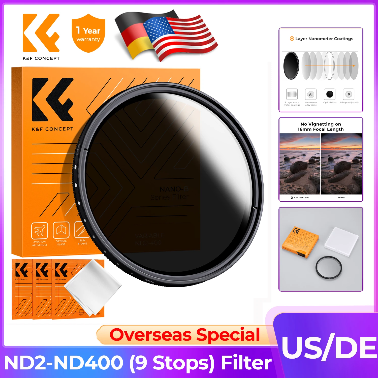 K&F Concept Lenses Filter Cleaning Cloth ND Neutral Density Fader Adjustable ND2 To ND400 37-82mm Camera Filters For Canon Nikon