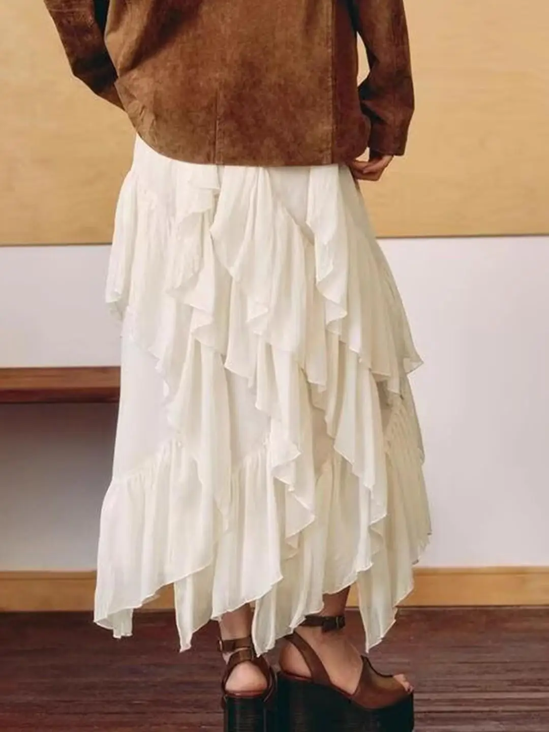 신상 하이웨이스트 미디 스커트 여성 봄 여름 가을 시즌 하이웨이스트 비대칭 플리츠 스커트 직사각형 바디...