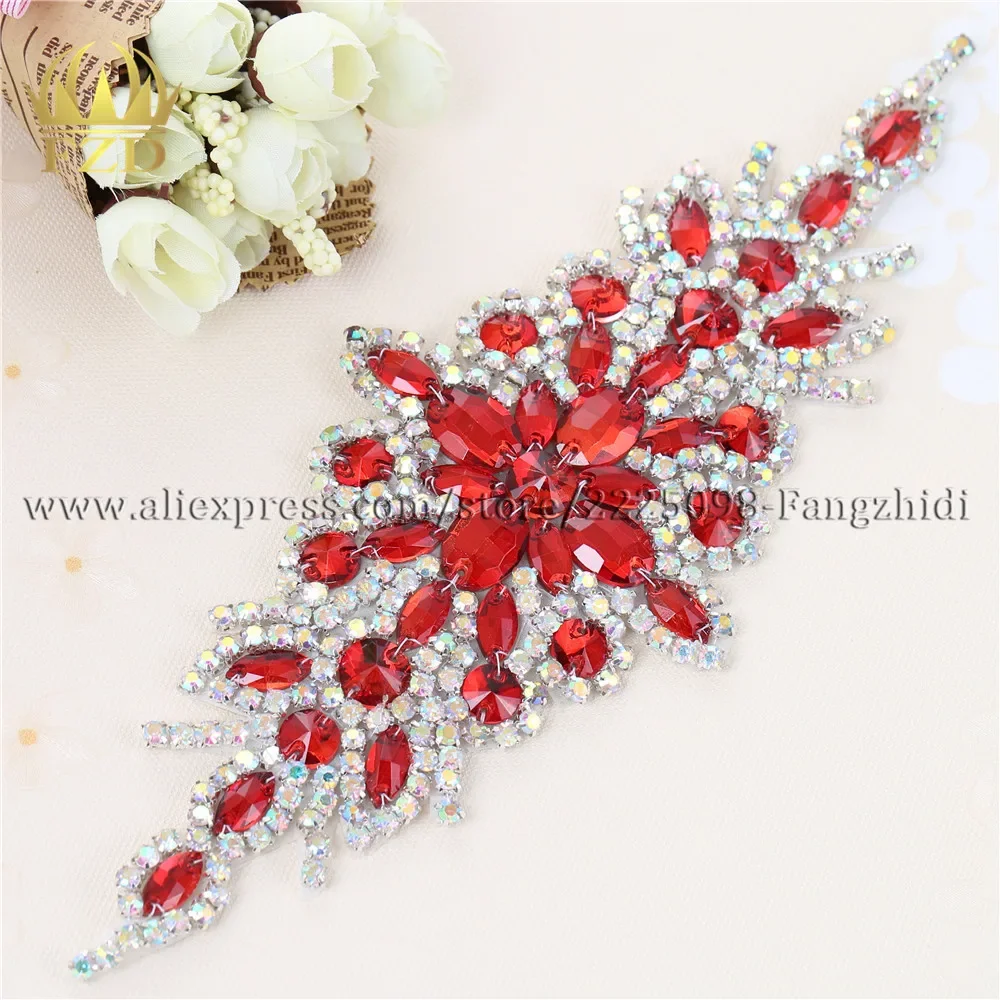 (30pieces) Wholesale Hotfix AB Crystal Red Color Rhinestone Sequin Applique Strass Trim for Garment Dress Headband Bridal Garter