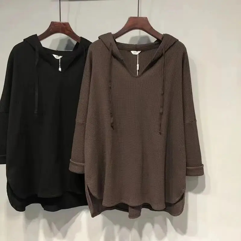Loose Hooded Long Sleeve Solid T Shirts Spring Autumn New Asymmetrical Slit Hem Street Casual Tops Fashion Vintage Women Clothes