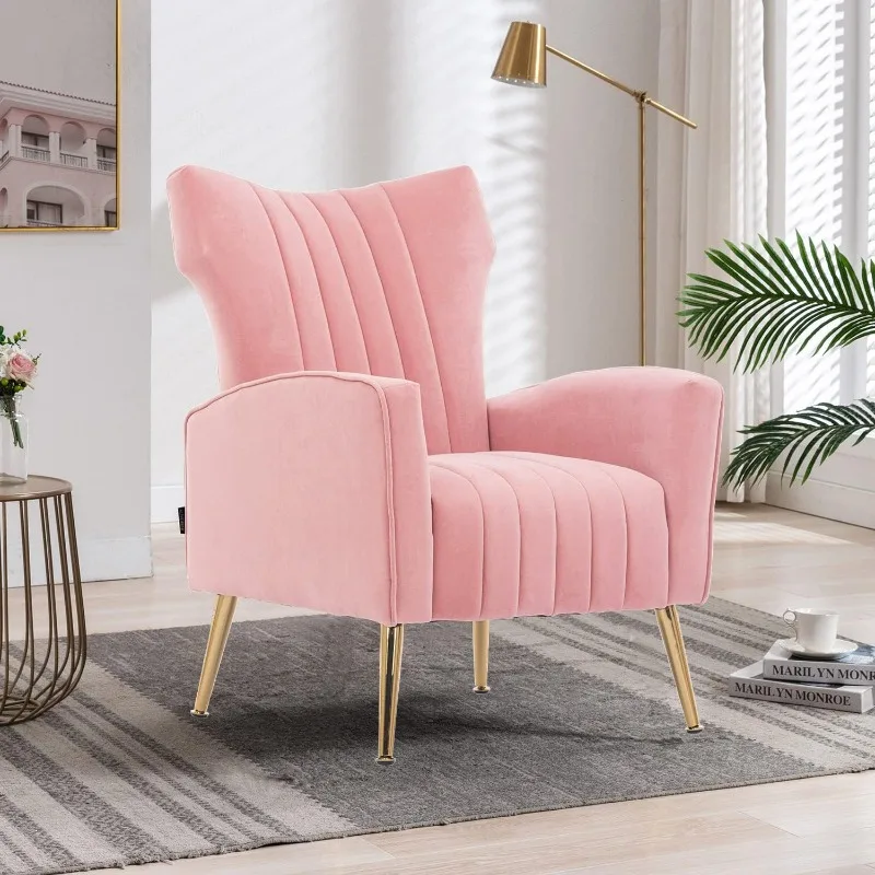 

Accent Chair Modern Wingback Comfy Chair Tufted Reading Armchair with Gold Legs for Living Room/Bedroom, Light Pink