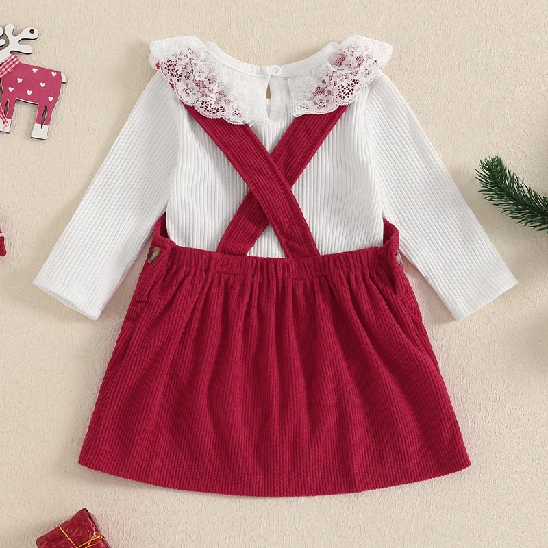 Baby Girl Christmas Outfit Solid Color Lace Trim Long Sleeve Ribbed Romper Santa Claus Embroidery Suspender Skirt 2 Piece Set image 3