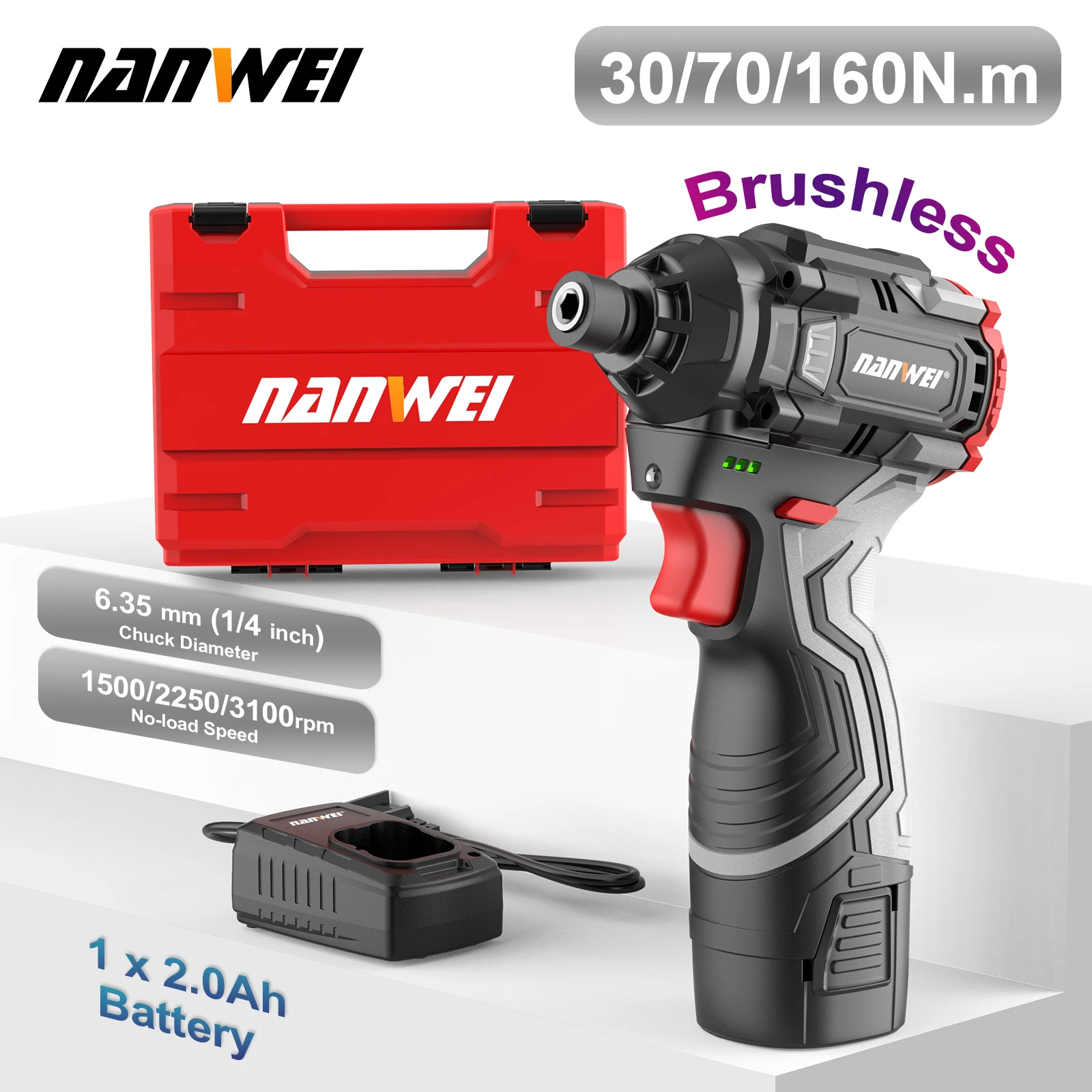 NANWEI  160NM Brushless Lithium Battery Impact Screwdriver Household Electric Screwdriver 3-speed Control