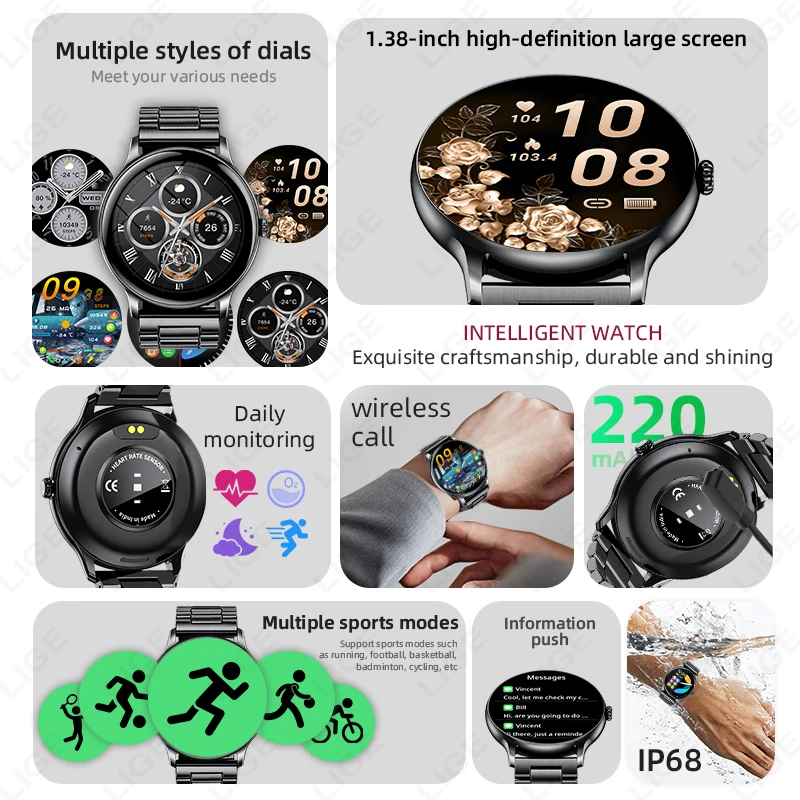 LIGE جديد الصلب ساعة ذكية الرجال النساء بلوتوث دعوة معدل ضربات القلب النوم مراقبة الصحة IP68 مقاوم للماء الرياضة في الهواء الطلق Smartwatch #5