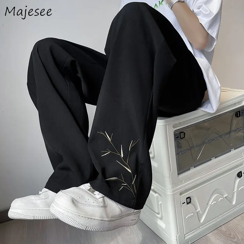 

Black Casual Pants Men Embroidery Thin Chinese Style Summer Wide Leg Trousers Streetwear Unisex Aesthetics Minimalist Pantalones