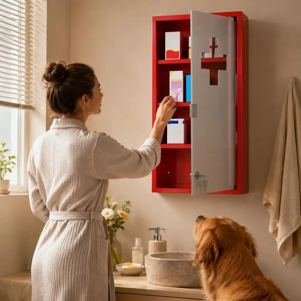 Armoire à pharmacie à étagères Levelx verrouillable, porte en verre trempé dépoli, logo croix, L x L x H cm, acier rouge