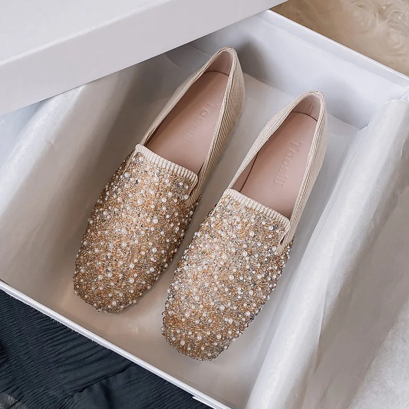 Mocasines de tela rosa con remaches de perlas para mujer, zapatos planos de ballet con punta cuadrada y purpurina de cristal, sin cordones, talla 43