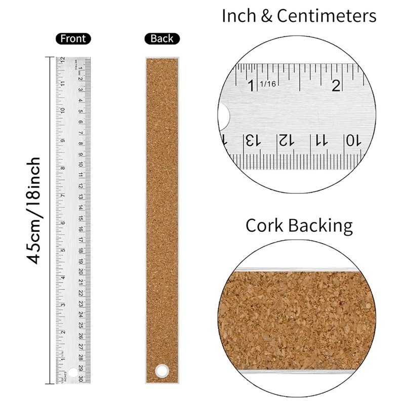 Roestvrijstalen metalen liniaal: liniaal met kurkrug Antisliplinialen met inch- en centimetersliniaal 18 inch 2-pack