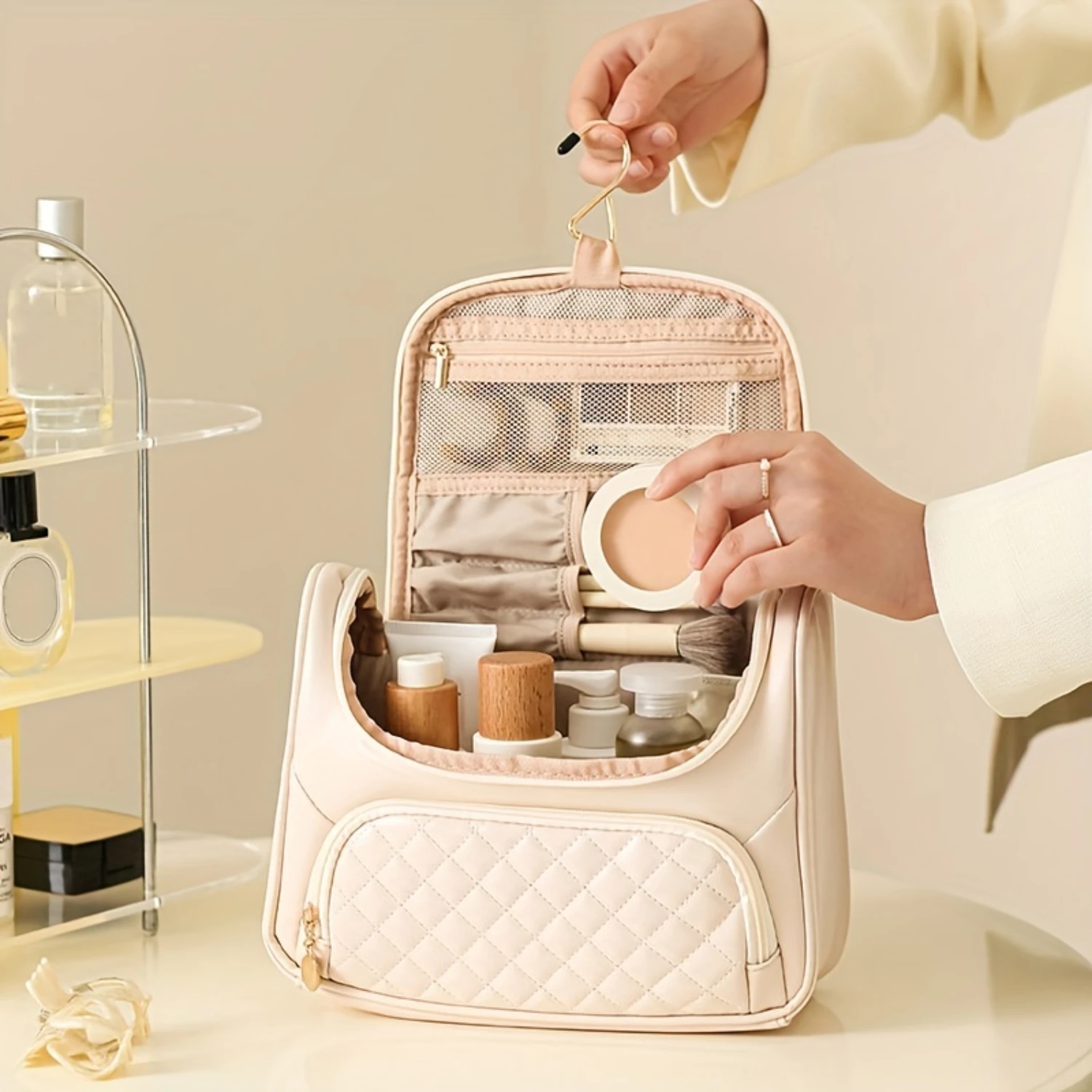 

1 шт. Простая модная косметичка Argyle с удобной букелей, подвесная косметичка, большая вместительная сумка для стирки для путешествий и бизнеса