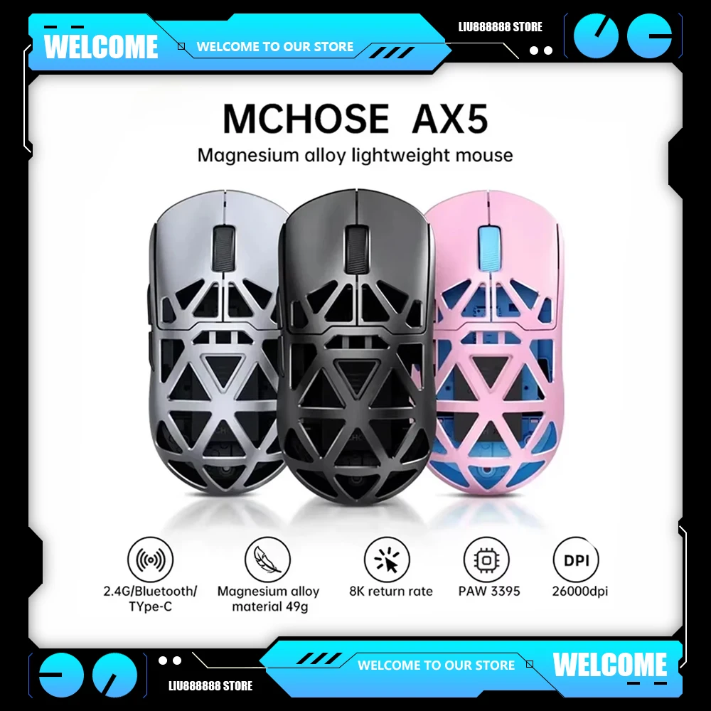 MCHOSE AX5 Wireless Magnesium Alloy Lightweight Gaming Mouse Paw3395 Sensor Low Latency Customize Mice PC E-Sports Accessories