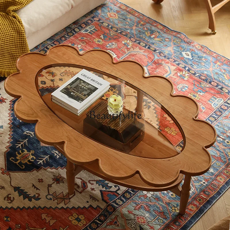 

PJ13Huayang Coffee Table Retro Cherrywood Small Apartment French Style Mid-Ancient Oval Glass Pattern Side Table