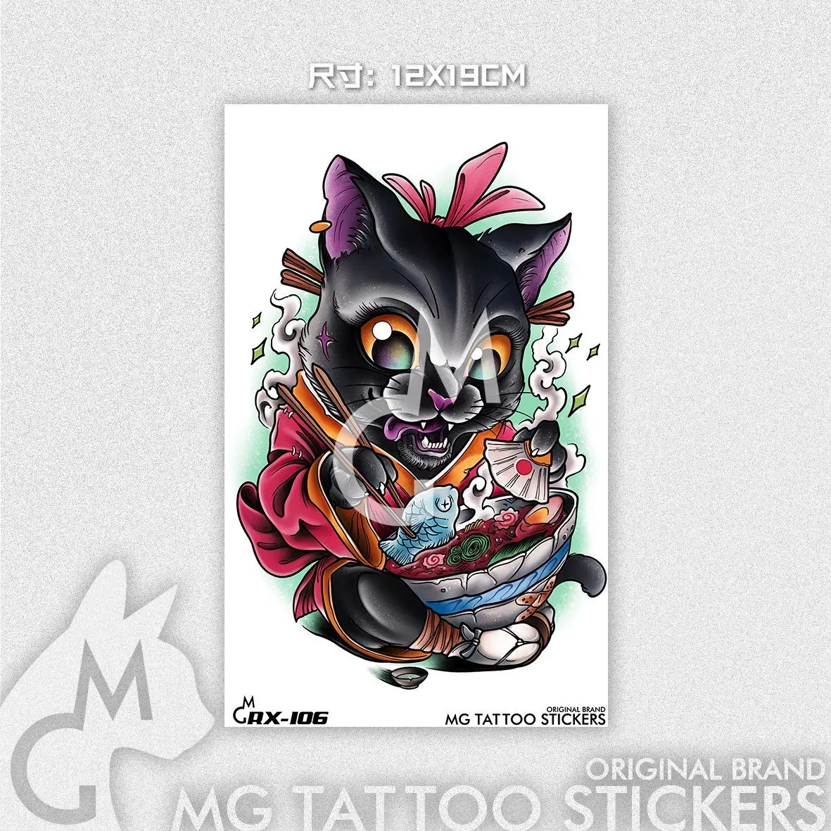 Japanese Cat Eat Ramen Tattoo Lasting Waterproof Tattoo Stickers for Woman Man Cartoon Animal Arm Temporary Tattoos Fake Tattoo