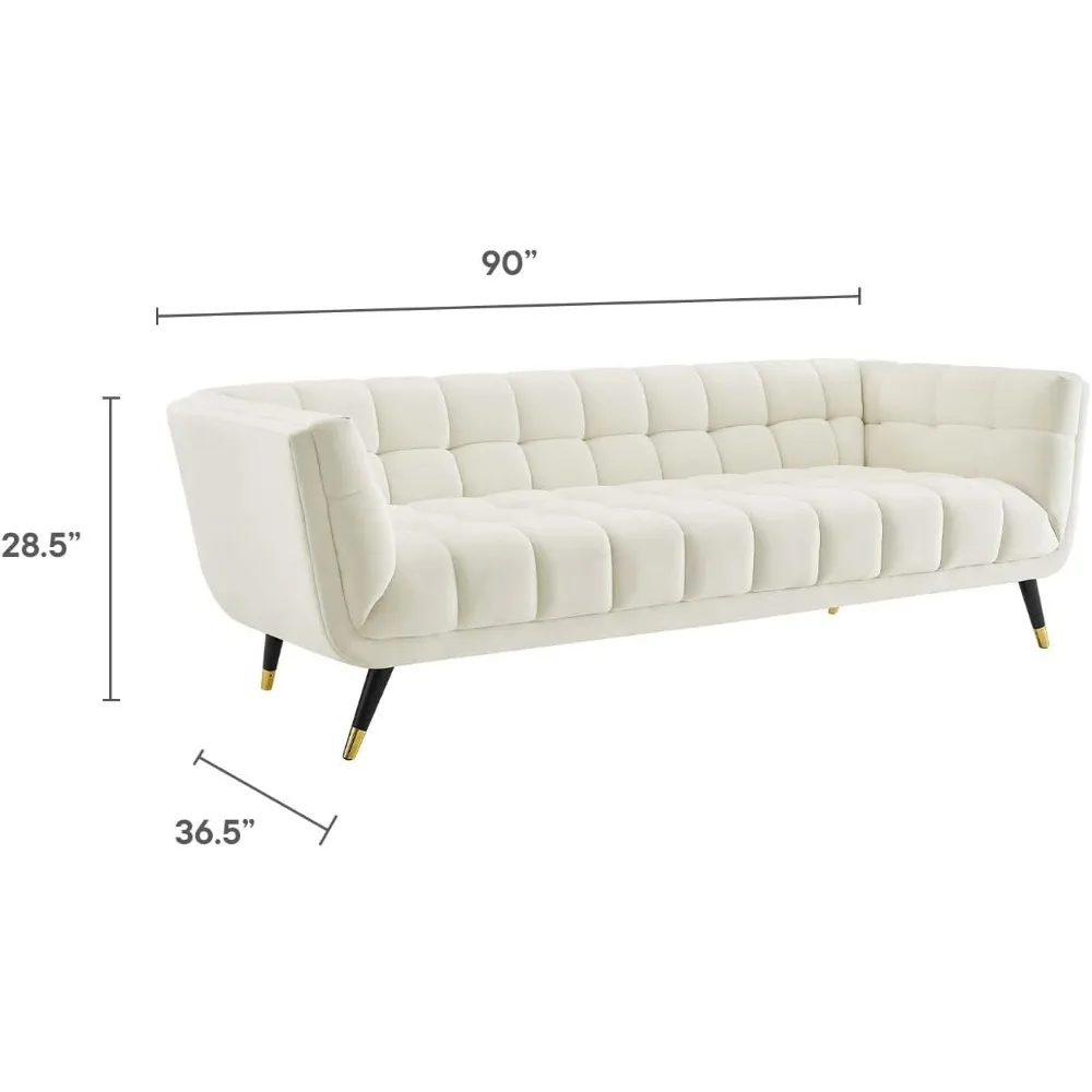 Adept Contemporary Mid-Century Modern Performance Velvet Upholstered Tufted Sofa in Ivory 36.5