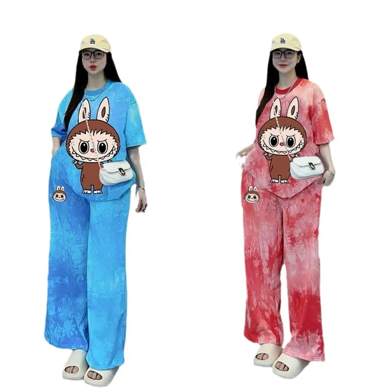 Tie-Dye Set Of Women O-Neck Cartoon Labubu Printing Short-Sleeved Wide-Legged Trousers Yang Two-Piece Winter Silk Cute Sleepwear