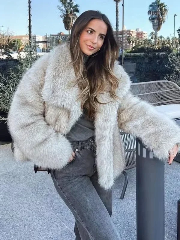 Moda feminina casaco de pele do falso retro lapela de pelúcia cor sólida manga longa jaqueta outono e inverno feminino elegante quente streetwear