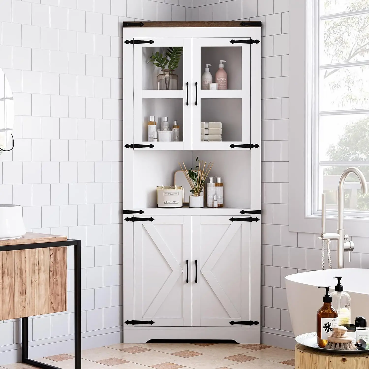 

Tall Corner Storage Cabinet Bathroom Floor Cabinet Doors and Adjustable Shelves