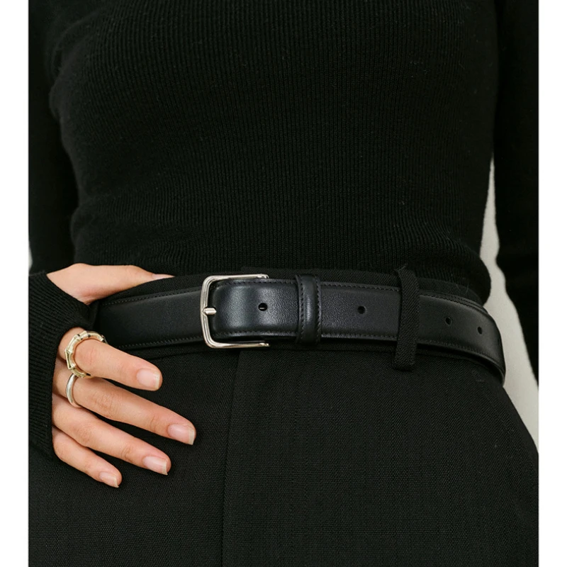 Women 2024 New Top Layer Cowhide Belt Retro Fashion Simple Gold/silver Metal Buckle Belt