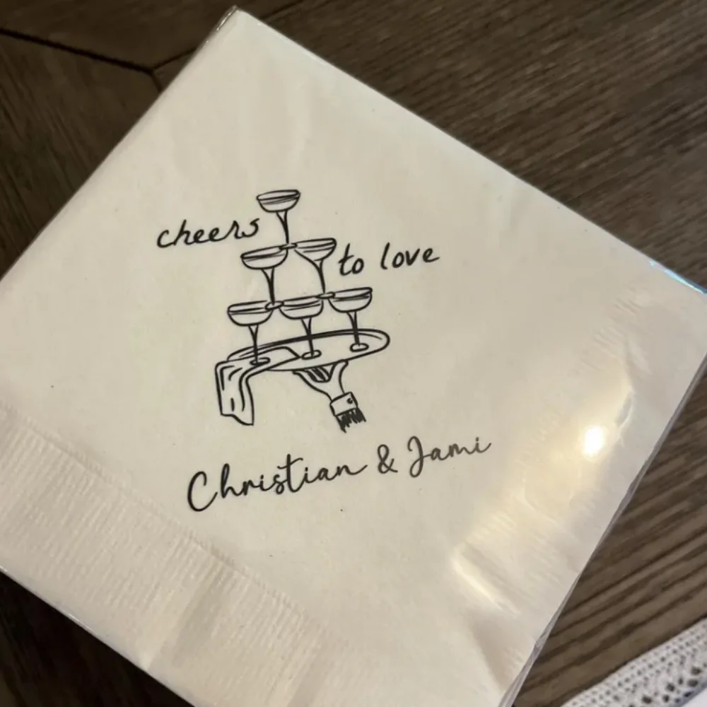 50Pcs Personalized Cheers to Love Hand Drawn Glasses Wedding Napkins, Custom Wedding Cocktail Napkins, Engagement , Vow Renewal