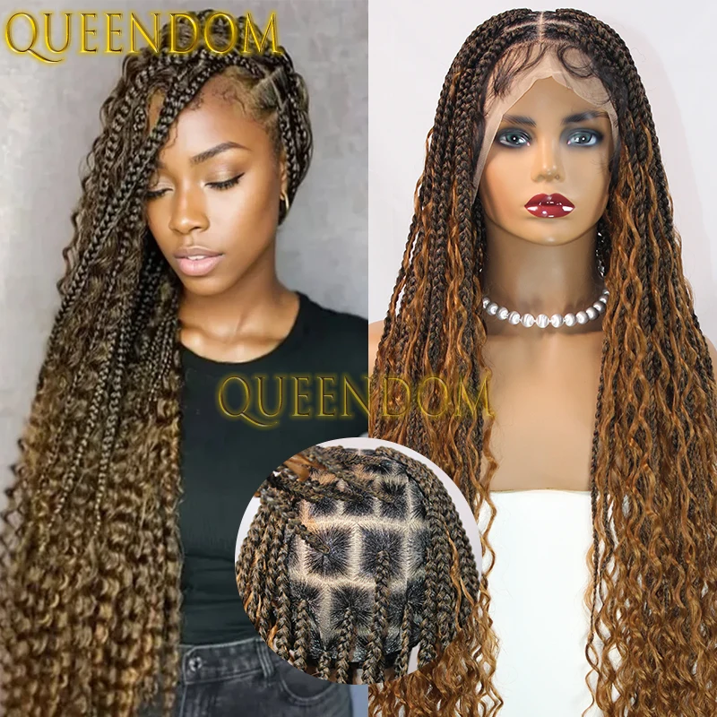 Full Lace Synthetic Bohemian Braid Wig 36 Inch Ombre Blonde Cornrow Braids Goddess Wig For Black Women Knotless Box Braided Wig