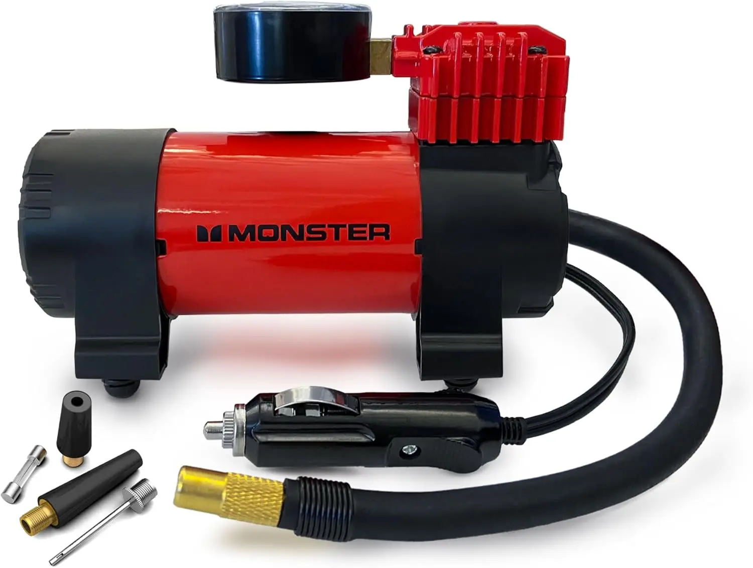 

Воздушный компрессор 100 фунтов на квадратный дюйм, накачиватель шин постоянного тока 12 В с аналоговым дисплеем и сменными наконечниками (шнур 10 футов)