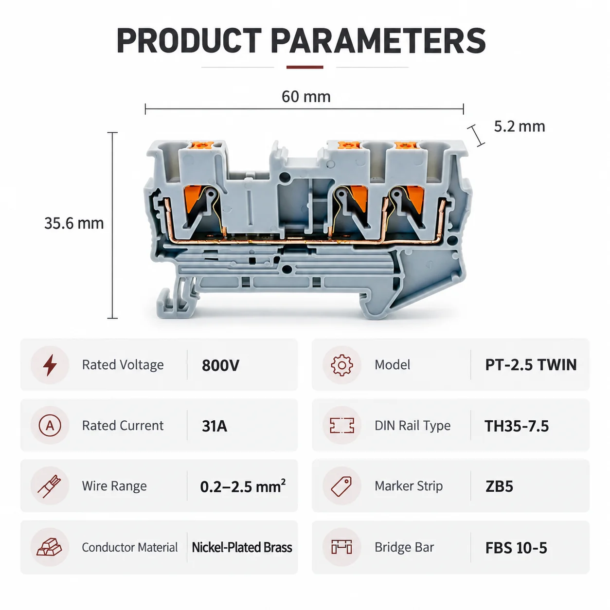 1-50PCS DIN Rail Terminal Block PT2.5-TW Twin 3-Conductor Feed Through Push In Spring Connector 2.5mm2 NS35 Electrical Wiring