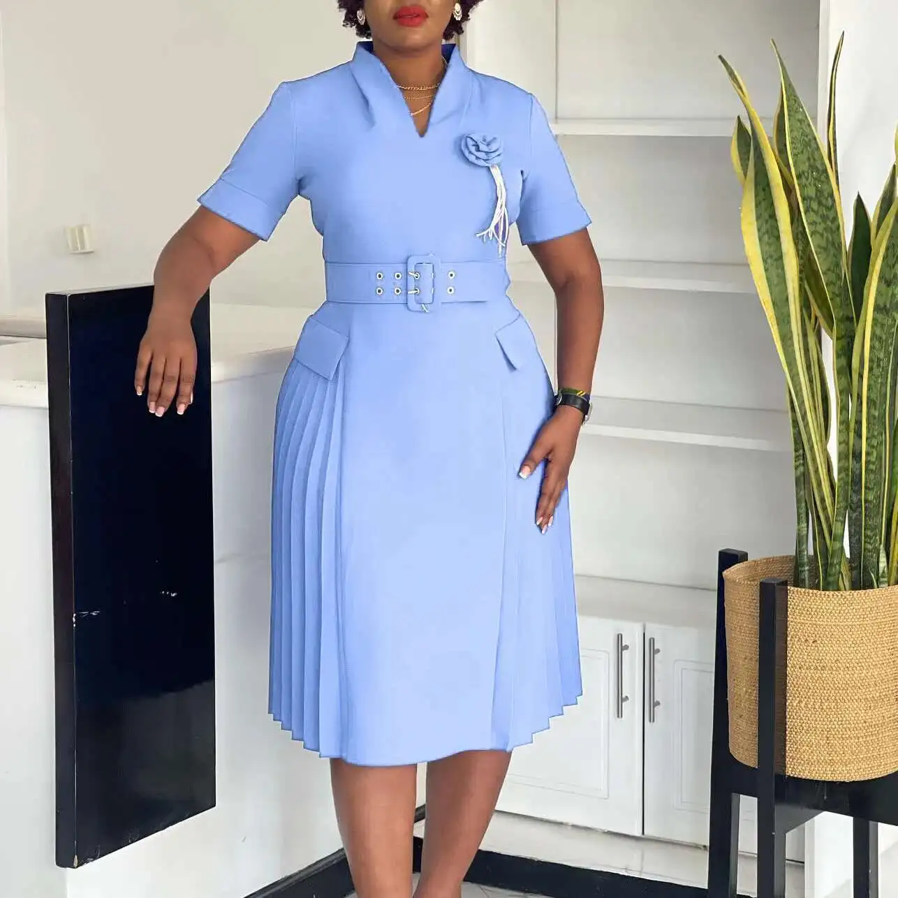 

D584 Women's New Fashionable Elegant V-neck Solid Color Plus Size Pleated High Waist Dress 2025 Summer Dress Robe Vestido Women