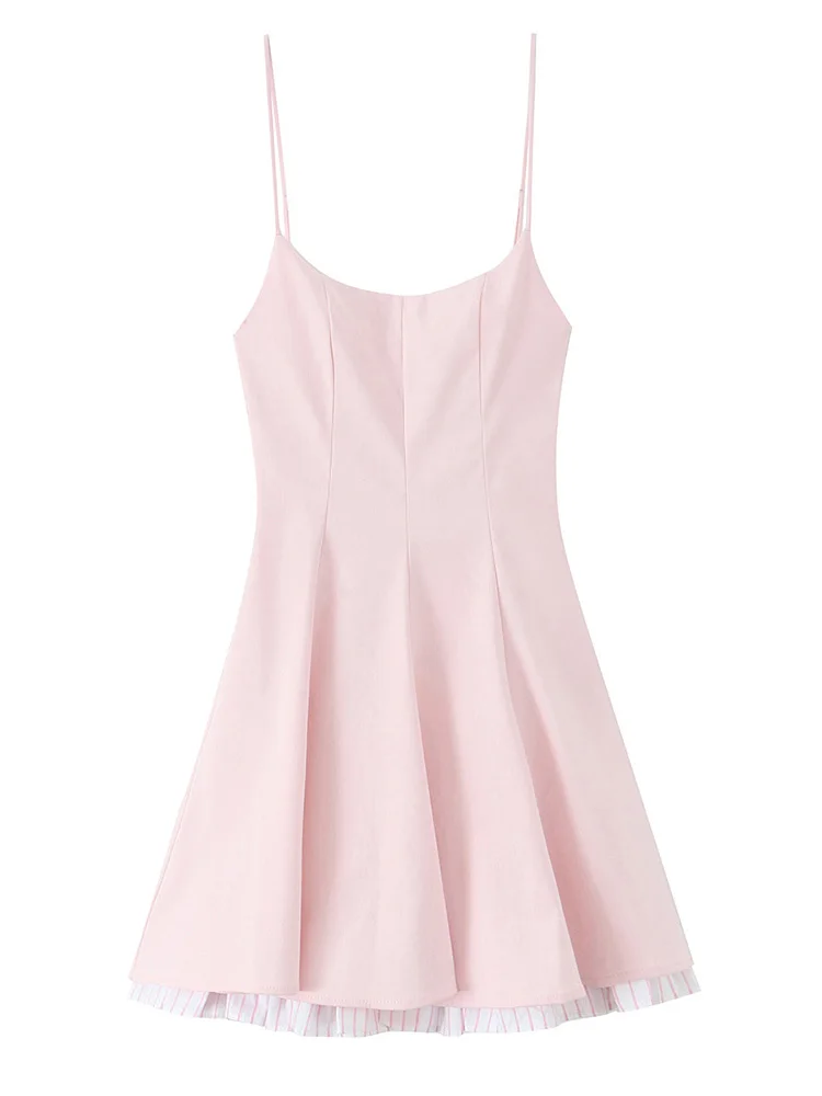 

KUCLUT Women Fashion Pink Patchwork Pleated Backless Zipper Mini Dress Vintage Thin Straps Square Collar Female Chic Dresses