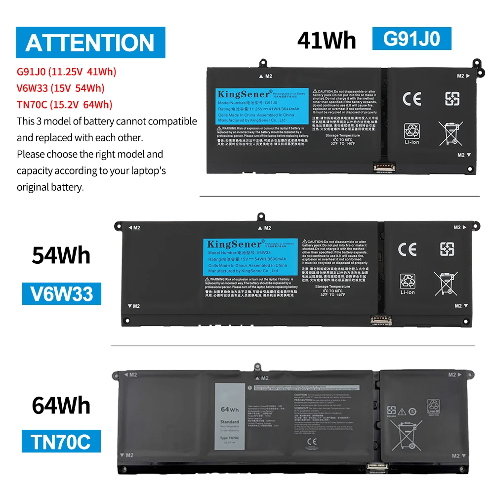 KingSener V6W33 54Wh G91J0 41Wh Battery for Dell Inspiron 5510 5515 5310 5415 5418 3510 3511 3515 5410 2-in-1 7415 2-in-1 Series