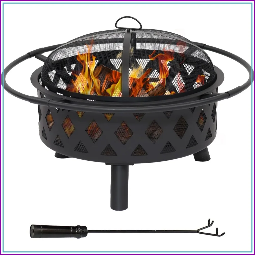 30 Inch Round Outdoor Fire Pit, Wood Burning, Small Portable Metal Firepit for Backyard Patio Garden