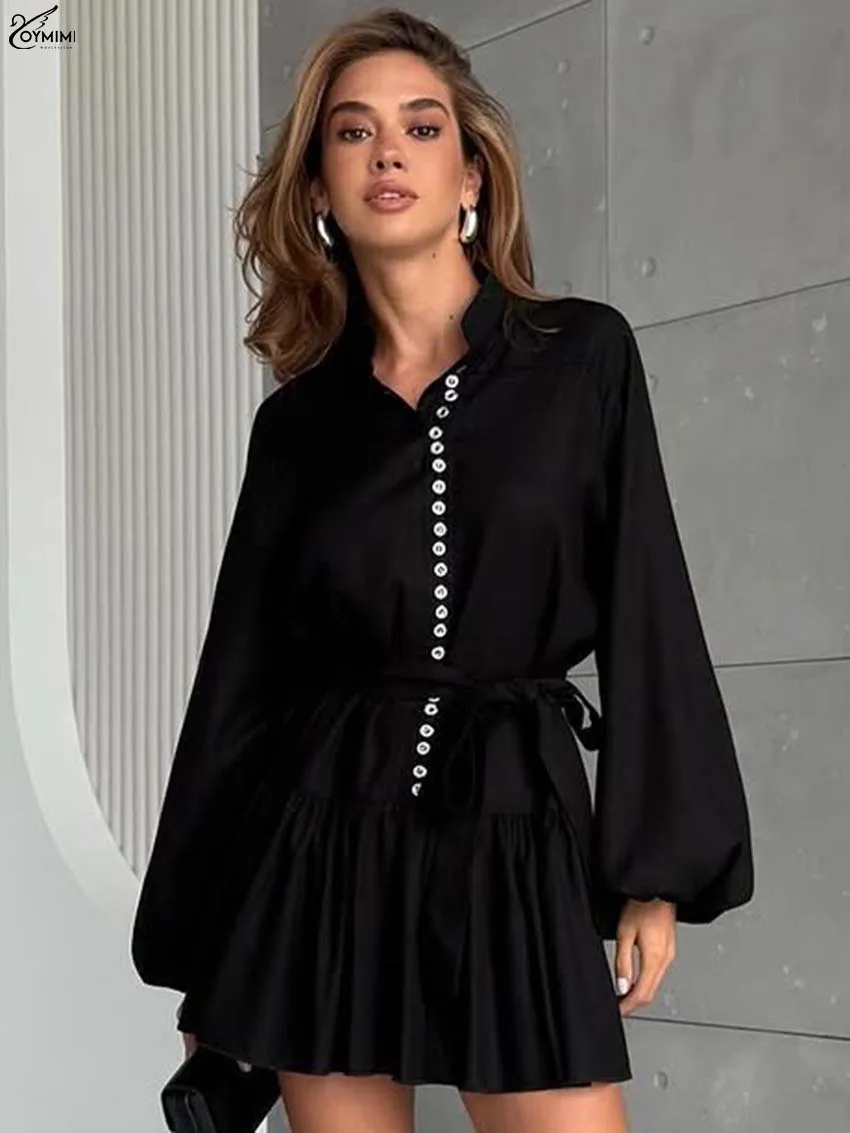 فستان نسائي أنيق بياقة مدورة باللون الأبيض من Oymimi فساتين أنيقة بأكمام منتفخة وصدر واحد برباط فساتين قصيرة غير رسمية بطيات