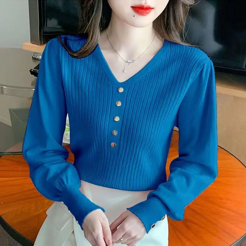 

Women's V-neck Solid Color Pullover Sweater Button 2023 Autumn and Winter Female Clothing Fashion Loose Puff Sleeve Knitted Top