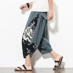 Dropshipping Men Harajuku Harem Pants 2023 Summer Cotton Joggers Calf-Length Pants Male Vintage Chinese Style Print Trousers