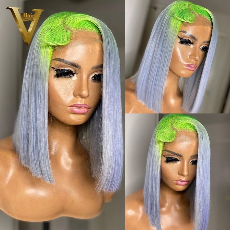 

Ombre Green Grey Color 13x4 Lace Front Human Hair Wigs For Women Brazilian Remy Human Hair Straight Bob Wig Preplucked Hairline