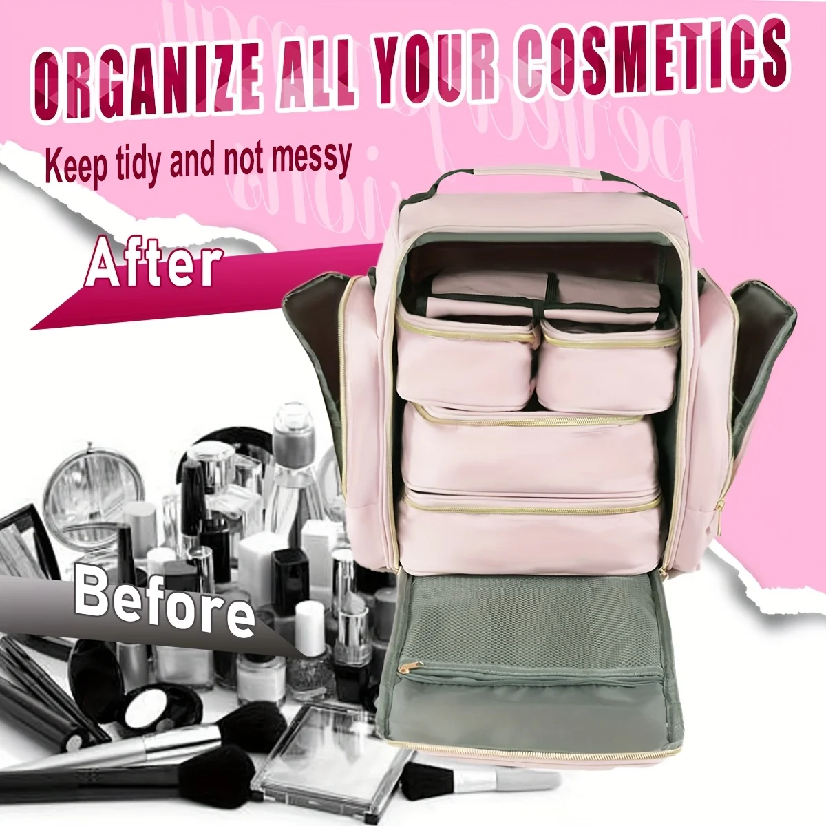 Women'S Makeup Bag Multi-Layer Removable Cases Jewelry Organizer Roll Travel Cosmetic Organizer Bag Storage Pockets Cosmetic Bag