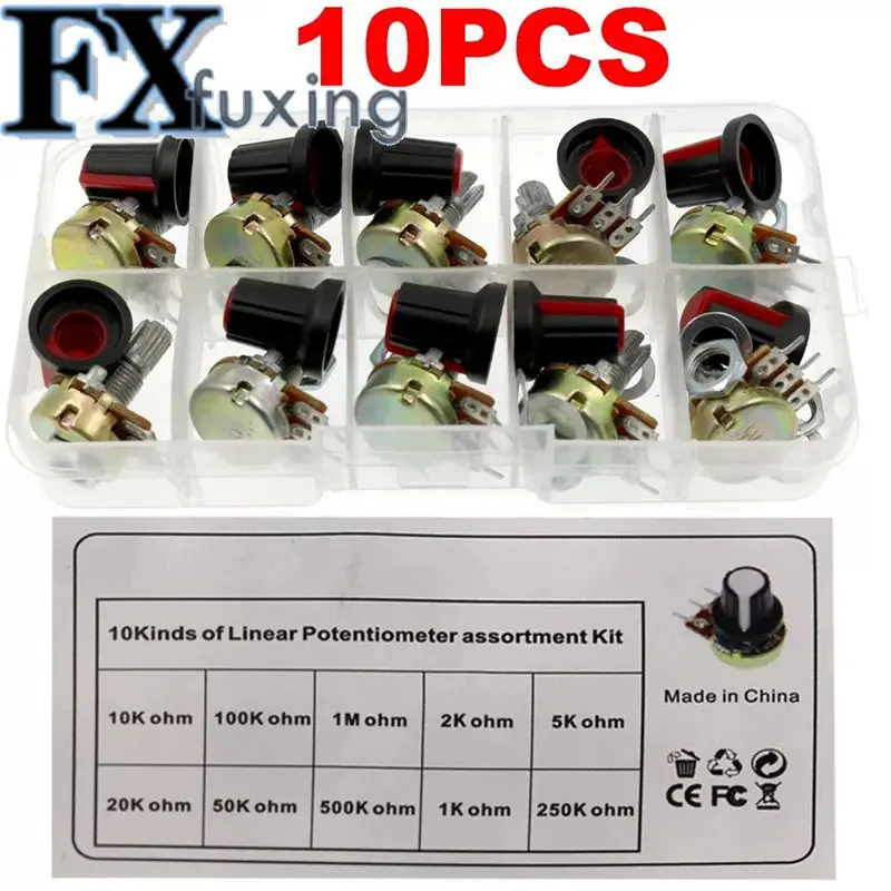 

15 мм WH148 вал с накаткой, 3 клеммы, линейный конус, набор поворотных потенциометров B1K 2K 5K 10K 20K 50K 100K 250K 500K 1M