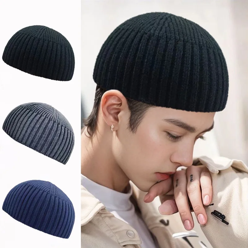 Classic Mens Thick Pure Cotton Knitted Short Beanie Hat for Autumn Winter Warm Skull Cap Helmet Compatible Outdoor Cycling