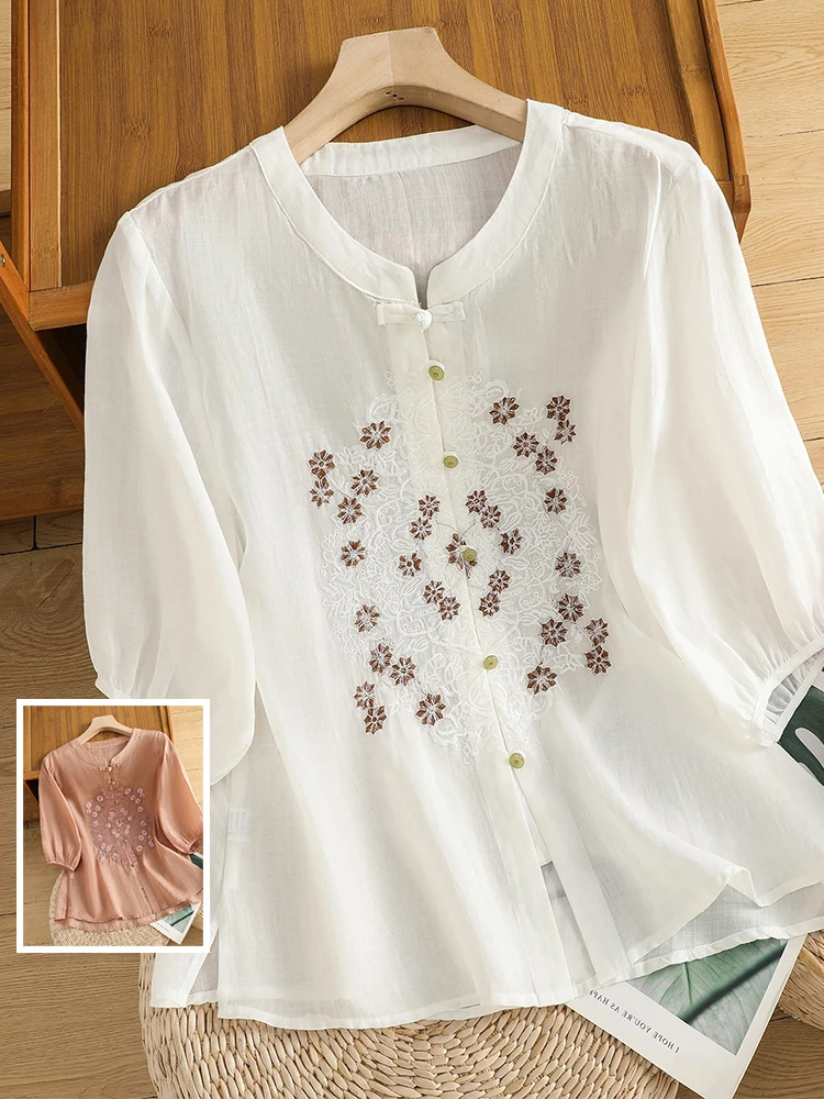 

Retro Artistic Cotton Linen Embroidered irt Large Size Women's Casual Lantern Sve Blouse Summer Versatile Top